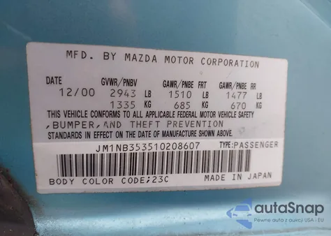 2001 Mazda Mx-5 Miata Ls/Special Edition из США, поврежденный, VIN JM1NB353510208607